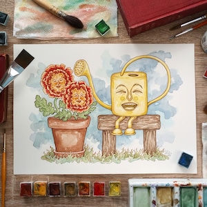 Ilustraciones originales de regaderas amarillas: dibujos animados tradicionales en acuarela: dibujos de cuentos de hadas antropomórficos y caprichosos sobre jardines