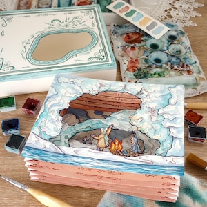 Ice Won't Win — Scena teatrale originale OOAK in miniatura su carta per acquerelli — Libro del tunnel dipinto a mano e tagliato a mano — Antartide — Ospitalità