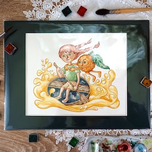 Zumo de naranja: Acuarela original — Niña en un bote — Ilustración de una aventura misteriosa — Arte infantil caprichoso