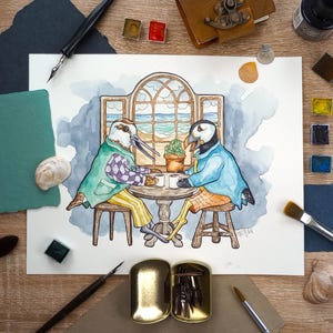 Originales de The Beach Day: Una historia de frailecillos y gaiteros — Ilustración en acuarela y tinta — Dibujos animados antropomórficos y extravagantes de aves playeras