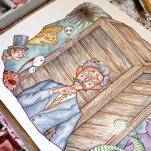 Día de llevar a tu monstruo al trabajo: pintura de acuarela original, ilustración de una historia de miedo, hombres de negocios asustados con criaturas extrañas