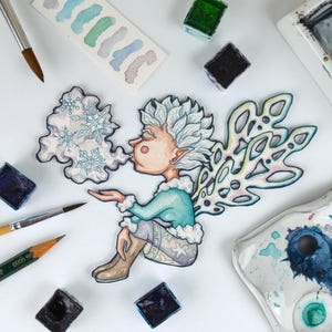Elfen des Winters: Schneeflocke Elfe — Original OOAK Aquarell Papier Kunst Puppe — Handbemalter Ausschnitt Charakter — Schelmische Schneefee Puppe