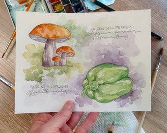 Nature Journaling Spread: Porcini Mushrooms & Green Bell Pepper (Original Watercolor Sketch)