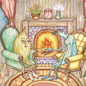 La semilla de limón: impresión artística de archivo: personajes de dibujos animados elegantes y extravagantes: ilustración de microficción de una acogedora amistad junto a la chimenea