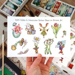 Paseos de abril: lámina de vinilo con personajes primaverales divertidos y adorables (21,5 x 14 cm), acuarela pintada con técnicas tradicionales.