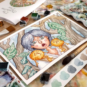 7 ilustraciones originales en acuarela creadas para la historia del árbol de la mandala — Pinturas de cuentos de hadas caprichosas — Fruta parlante antropomórfica