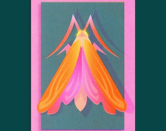 May include: A colorful illustration of a moth with orange and pink wings, set against a teal background within a pink frame. The moth's wings are detailed with gradient shading, creating a vibrant and eye-catching design.