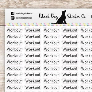 May include: A sheet of white stickers with the word "Workout" printed on each sticker. The stickers are arranged in rows and columns. The stickers are designed for use in a planner or journal.