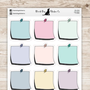 May include: Twelve pastel colored sticky note stickers with a push pin on each. The stickers are arranged in three rows of four. The stickers are all blank and ready to be written on.