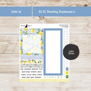May include: A5 EC Monthly Dashboard planner sticker sheet with a June theme. The design features lemons, blue and yellow patterns, and a lined option. Includes sections for notes, to-do lists, and reminders.