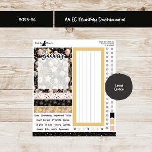 May include: A5 EC monthly dashboard sticker sheet with a black, gold, and pink color scheme. The sheet includes a lined section, a section labeled "January", and various labels for planning, such as "Kids Birthdays" and "Goals".
