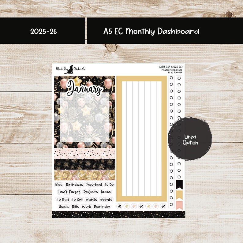 May include: A5 EC monthly dashboard sticker sheet with a black, gold, and pink color scheme. The sheet includes a lined section, a section labeled "January", and various labels for planning, such as "Kids Birthdays" and "Goals".