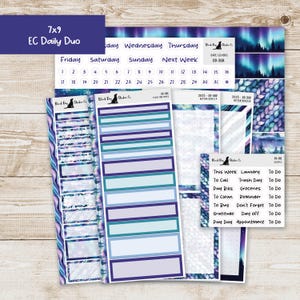 May include: A collection of planner stickers with a celestial theme. The stickers include date covers, daily duo, and functional labels. The color scheme features shades of blue, purple, and white. The text on the stickers includes days of the week and task lists.
