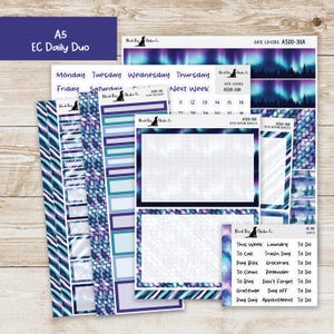 May include: A collection of planner stickers with a purple, blue, and white color scheme. The stickers include labels for days of the week, to-do lists, and decorative elements. The text "A5 EC Daily Duo" is visible.