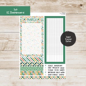 May include: A planner dashboard with a March theme, featuring a colorful design with rainbows, shamrocks, and stars. Includes a habit tracker, decorative washi tape, and a section for goals, ideas, and reminders. The dashboard measures 7x9 inches.