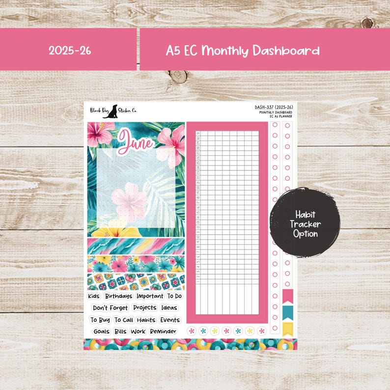 May include: A5 EC Monthly Dashboard planner insert with a tropical theme. The insert features a June calendar, habit tracker, and space for notes. The design includes pink, blue, and yellow floral patterns and the text "Habit Tracker Option".