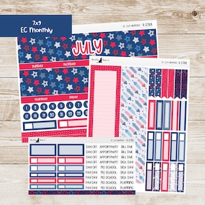 May include: A set of July themed planner stickers with a red, white, and blue color scheme. The stickers feature stars, fireworks, and the text "JULY". There are also stickers with text such as "Day Off", "Appointment", "Bill Due", "Sick Day", "No School", and "Planning".
