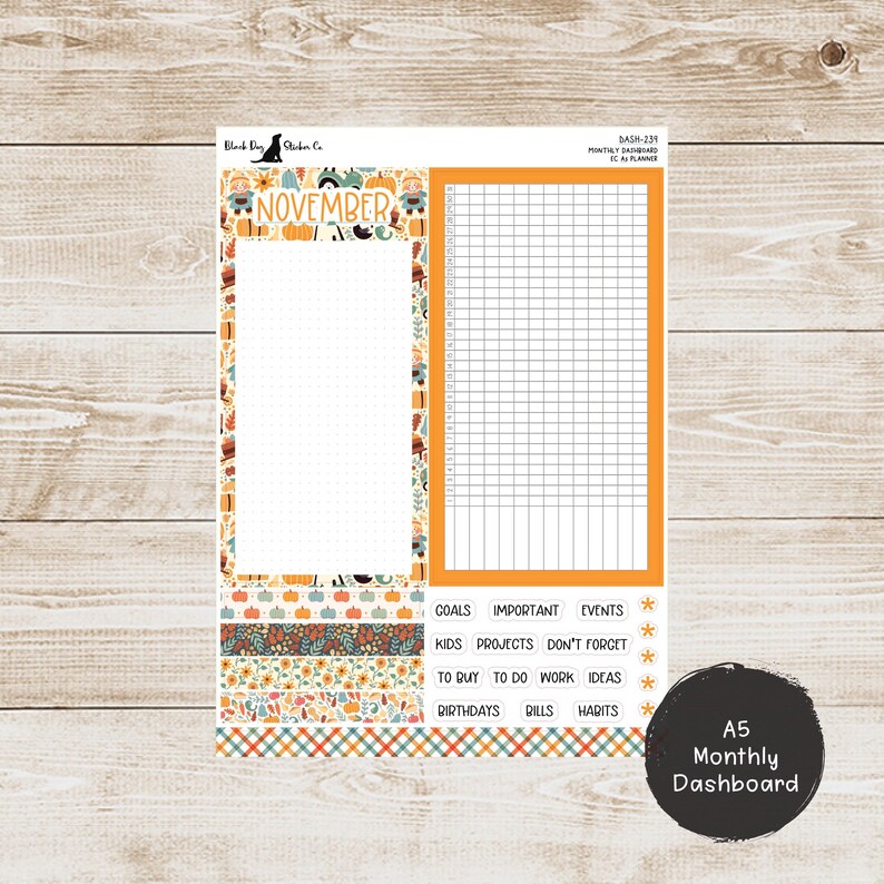 Peut inclure: Un planificateur mensuel A5 imprimable avec un th&egrave;me d'automne. Le planificateur comprend une grille pour les t&acirc;ches quotidiennes, une section de notes et une section pour les objectifs, les &eacute;v&eacute;nements importants, les enfants, les projets, les achats, les choses &agrave; faire, le travail, les id&eacute;es, les anniversaires, les factures et les habitudes. Le planificateur a un design color&eacute; avec des citrouilles, des feuilles et d'autres &eacute;l&eacute;ments d'automne.