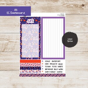 May include: A5 size printable dashboard planner for June with a floral pattern and lined section. The planner includes sections for goals, important tasks, kids projects, ideas, to buy, to do, habits, birthdays, bills, work, and don't forget events.