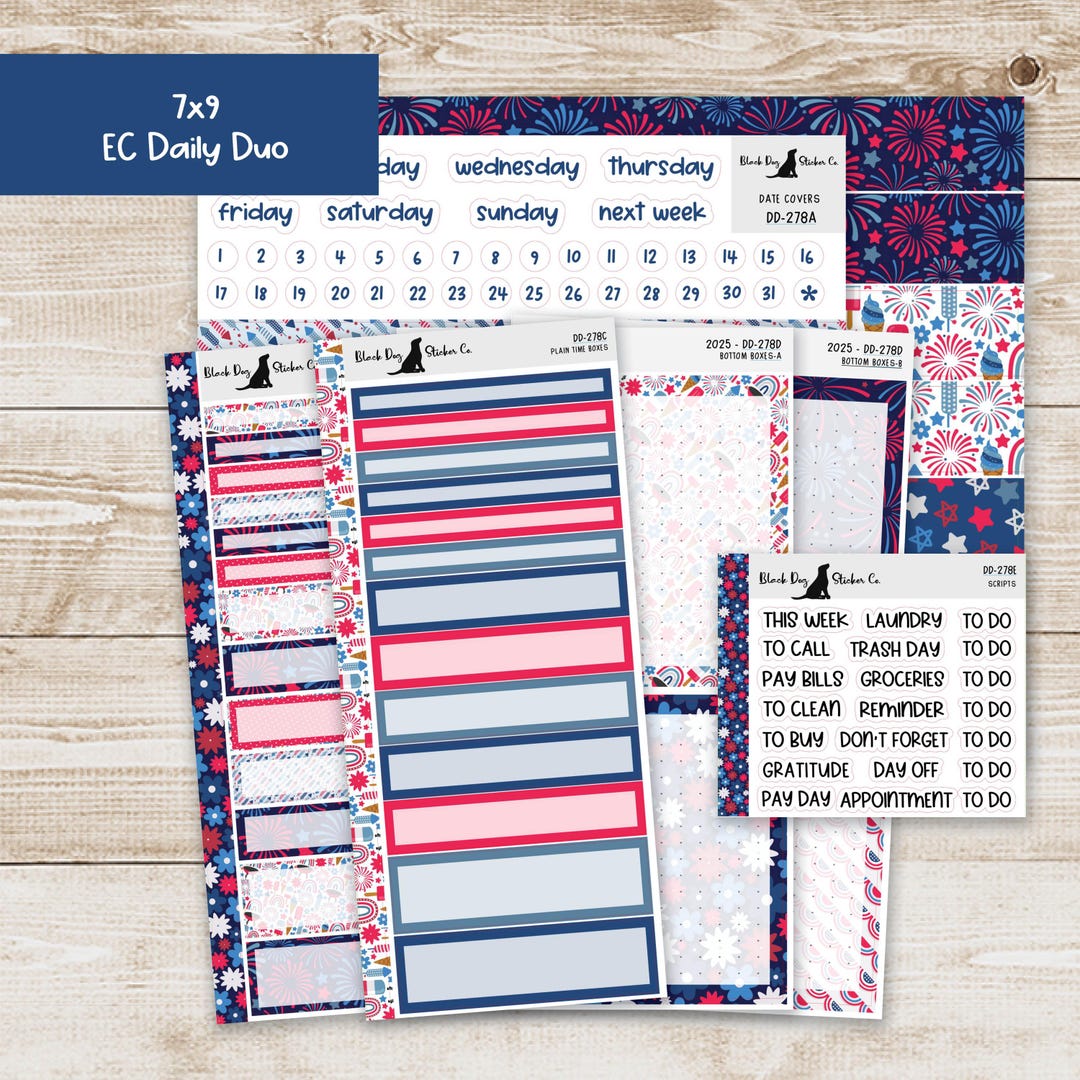 DD-278 EC 7x9 Daily Duo Weekly Kit - Fourth of July - Planner Stickers ...