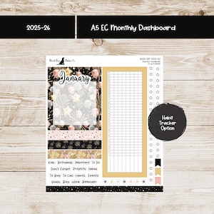 May include: A5 EC Monthly Dashboard planner sticker sheet for 2025-26. The design features a January layout with a habit tracker option. The color scheme includes black, gold, pink, and white. Includes a list of important tasks.