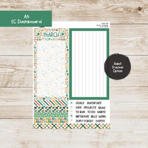 May include: A printable A5 monthly dashboard planner with a green and white striped background. The planner has a section for goals, important tasks, kids projects, ideas, to buy, to do habits, birthdays, bills, work, and don't forget events. The planner also has a section for a habit tracker. The planner is decorated with a rainbow and shamrock pattern.