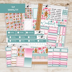 May include: A 7x9 weekly kit with a gingerbread theme. The kit includes various stickers and labels in shades of pink, teal, and brown. The kit features gingerbread men, houses, and candy cane designs. The text includes the days of the week and task reminders.