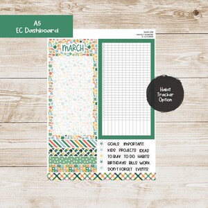 May include: A printable A5 EC Dashboard for March with a green, yellow, and white color scheme. The dashboard includes a habit tracker, a monthly calendar, and a section for goals, important tasks, kids projects, ideas, to buy, to do habits, birthdays, bills, work, and don't forget events.