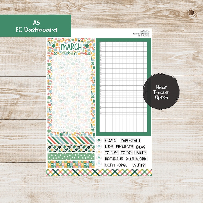 May include: A printable A5 EC Dashboard for March with a green, yellow, and white color scheme. The dashboard includes a habit tracker, a monthly calendar, and a section for goals, important tasks, kids projects, ideas, to buy, to do habits, birthdays, bills, work, and don't forget events.