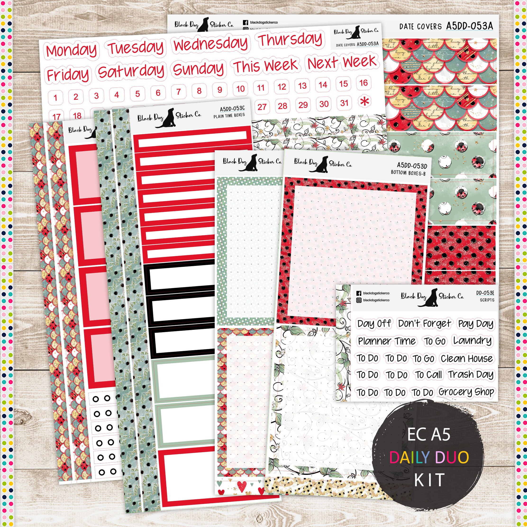 Erin Condren EC A5 Daily Duo Weekly Kit - Lucky Ladybug - Planner Sti…