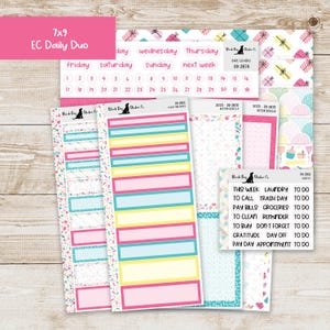 May include: A collection of planner stickers in pink, blue, and yellow. The stickers include date covers, to-do lists, and decorative elements. The text "7x9 EC Daily Duo" is at the top. The stickers are designed for use in a planner.
