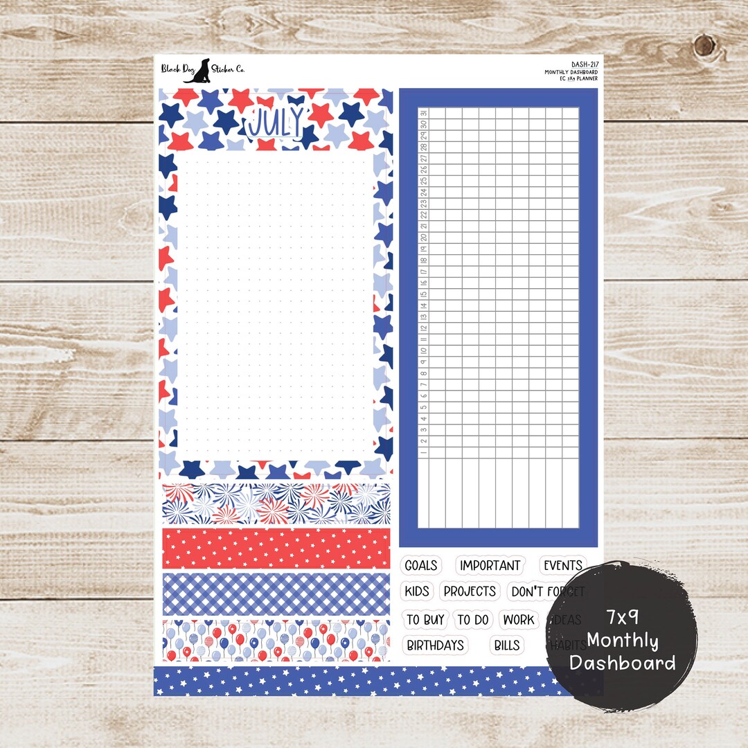 Erin Condren EC 7x9 or A5 Dashboard Monthly Kit - July 2024 - Stars and ...