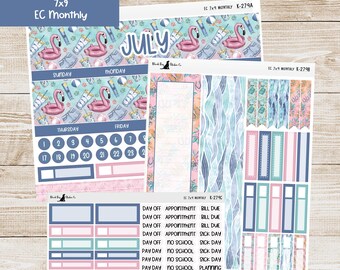 Kit mensuel Erin Condren EC 7 x 9 K-279 - juillet 2025 - fête au bord de la piscine - agenda autocollants
