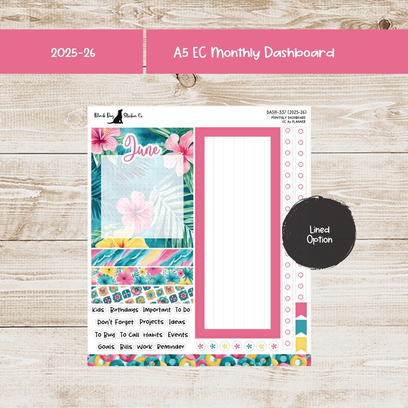 May include: A5 EC monthly dashboard sticker sheet with a tropical theme. The sheet features a pink and teal color scheme with floral and leaf designs. Includes sections for June, to-do lists, and a lined option.