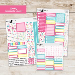 May include: Planner stickers with a pink, teal, and yellow color scheme. The stickers include boxes, labels, and decorative elements. Text includes "Weekly Hobonichi Cousin", "Weekend", and daily planner labels.
