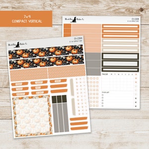 May include: A set of 7x9 inch vertical planner stickers with a fall theme. The stickers feature pumpkins, leaves, and a checkered pattern in orange, brown, and white. The stickers are designed for use with a compact vertical planner.