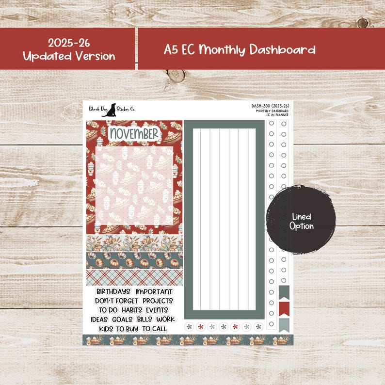 May include: A planner sticker sheet with a November theme. The sheet includes decorative borders, a lined section, and a section for notes. Text includes "Birthdays Important", "Don't Forget Projects", and "Lined Option". The top banner reads "A5 EC Monthly Dashboard".