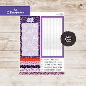 May include: A printable A5 EC Dashboard with a floral pattern and a gridded section for habit tracking. The dashboard includes a section for goals, important tasks, kids projects, ideas, to buy, to do habits, birthdays, bills, work, and don't forget events.