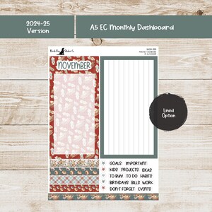 May include: A5 EC monthly dashboard planner sticker sheet with a November theme. The sheet features a red and white design with a lined section, decorative strips, and a black circle with the words "Lined Option". Includes sections for goals, ideas, and events.