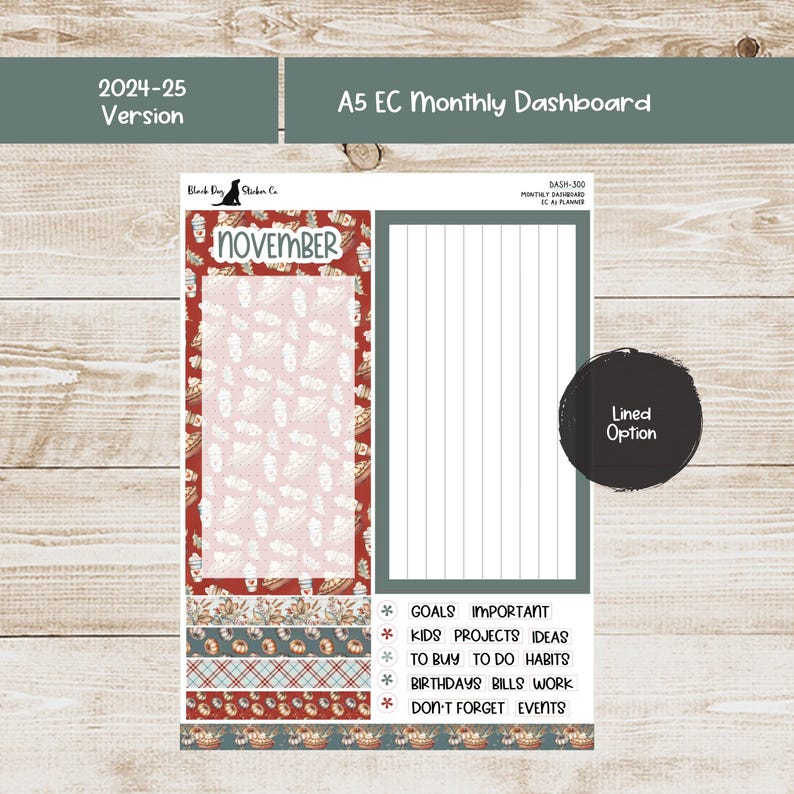 May include: A5 EC monthly dashboard planner sticker sheet with a November theme. The sheet features a red and white design with a lined section, decorative strips, and a black circle with the words "Lined Option". Includes sections for goals, ideas, and events.