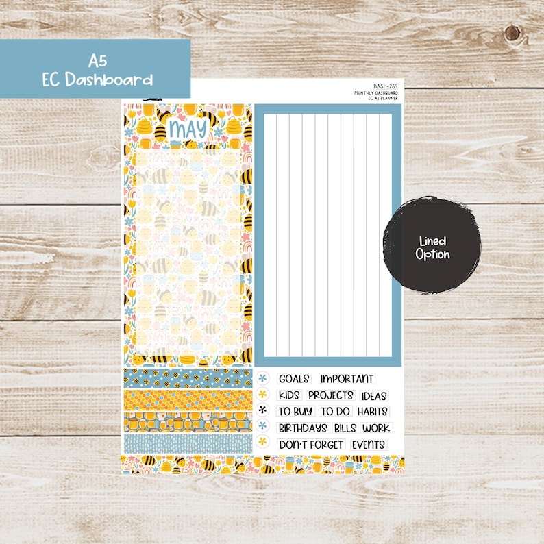 K&ouml;nnte beinhalten: Ein druckbarer A5-Monats-Dashboard-Planer mit Bienen-Motiv. Der Planer hat einen linierten Bereich f&uuml;r Notizen und einen Bereich mit einer Liste von Kategorien f&uuml;r die Planung, darunter Ziele, Wichtiges, Kinder, Projekte, Ideen, Einkaufen, zu tun, Gewohnheiten, Geburtstage, Rechnungen, Arbeit und Termine, die man nicht vergessen sollte. Der Planer hat ein gelbes und blaues Farbschema mit einem Bienenmuster.