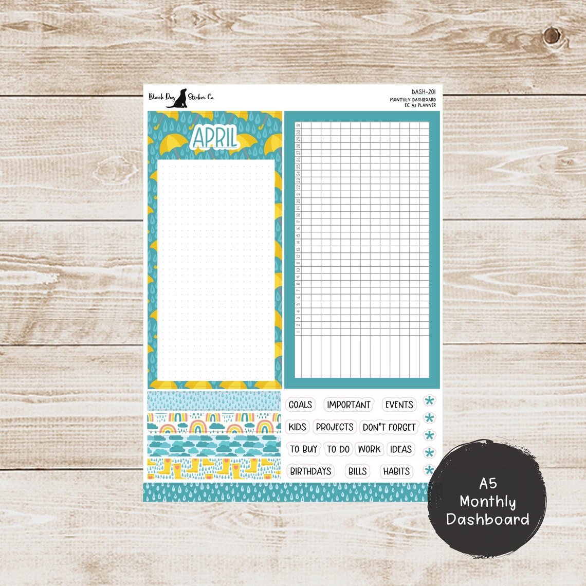 Erin Condren EC 7x9 or A5 Dashboard Monthly Kit - April 2024 - Rain ...