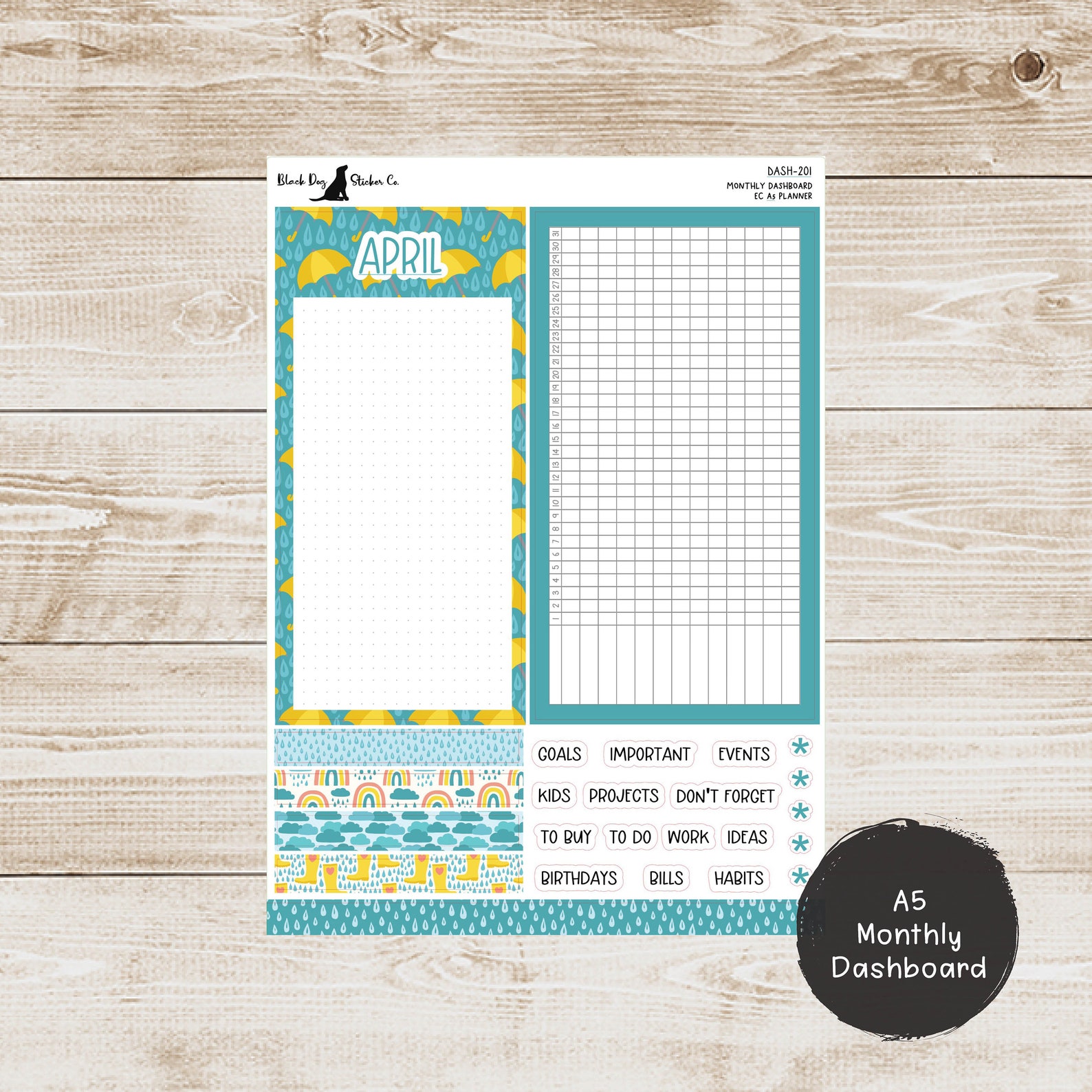 Erin Condren EC 7x9 or A5 Dashboard Monthly Kit - April 2024 - Rain ...