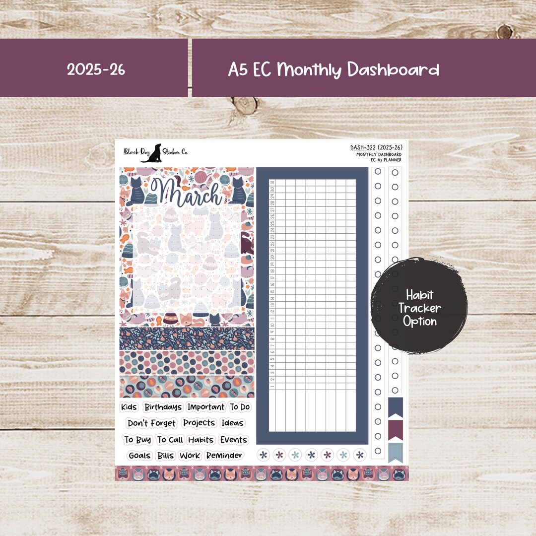 Erin Condren EC A5 Dashboard Monthly Kit - March 2026 - Cozy Kittens ...