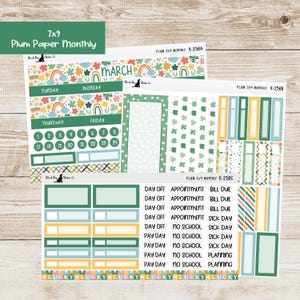 May include: A set of 7x9 monthly planner stickers with a St. Patrick's Day theme. The stickers feature green shamrocks, rainbows, and the text "March". There are also stickers for "Day Off", "Appointment", "Bill Due", "Sick Day", "No School", "Pay Day", and "Planning".