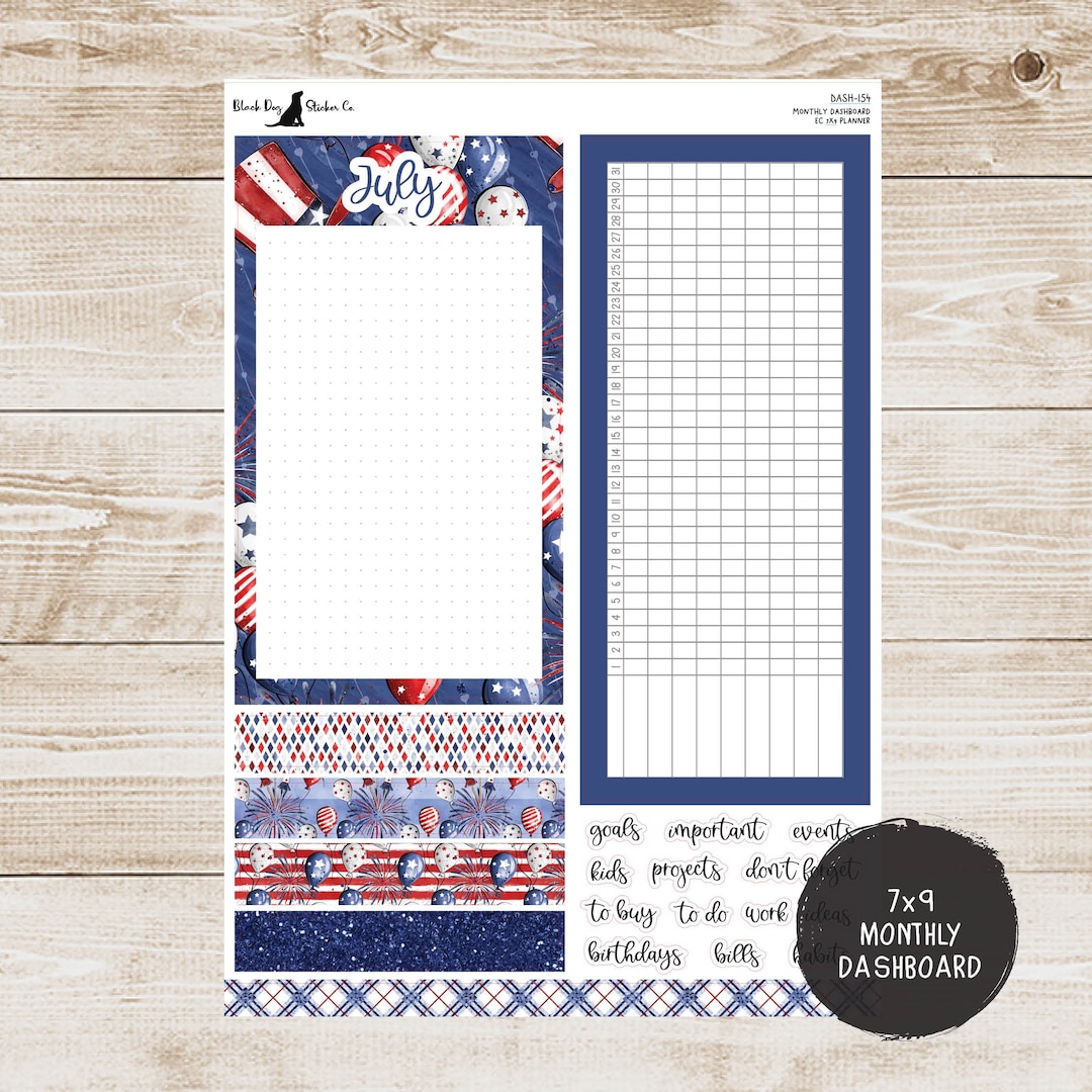 Erin Condren EC 7x9 or A5 Dashboard Monthly Kit July Fourth of July ...