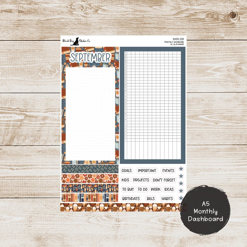 May include: A printable A5 monthly dashboard planner with a September theme. The planner features a grid for daily tasks, a notes section, and a section for goals, important events, kids, projects, to buy, to do, work, ideas, birthdays, bills, and habits. The planner is decorated with a colorful pattern of books, glasses, and coffee cups.