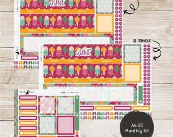 May include: A colorful A5 monthly planner kit with a June theme. The kit includes a monthly calendar, weekly spreads, notes pages, and a variety of stickers. The stickers feature ice cream cones, rainbows, and flip flops. The kit is designed for use with a coiled or ring bound planner.