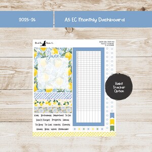May include: A5 EC Monthly Dashboard planner sticker sheet with a lemon theme. The sheet includes a habit tracker option, a monthly calendar, and various decorative elements. Text includes "June", "Kids Birthdays Important To Do", and "Habit Tracker Option".