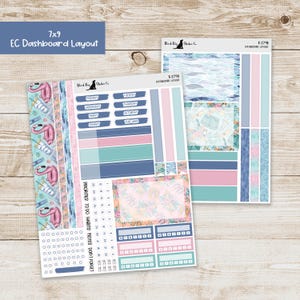 May include: A 7x9 inch planner dashboard layout with a tropical theme. The layout includes a weekly planner, a daily planner, a notes section, and a priorities section. The design features pink flamingos, blue waves, and floral patterns.
